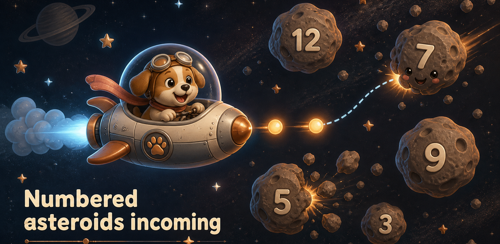 Rocket Pup: Comet Blaster banner showing a rocket dog among numbered asteroids